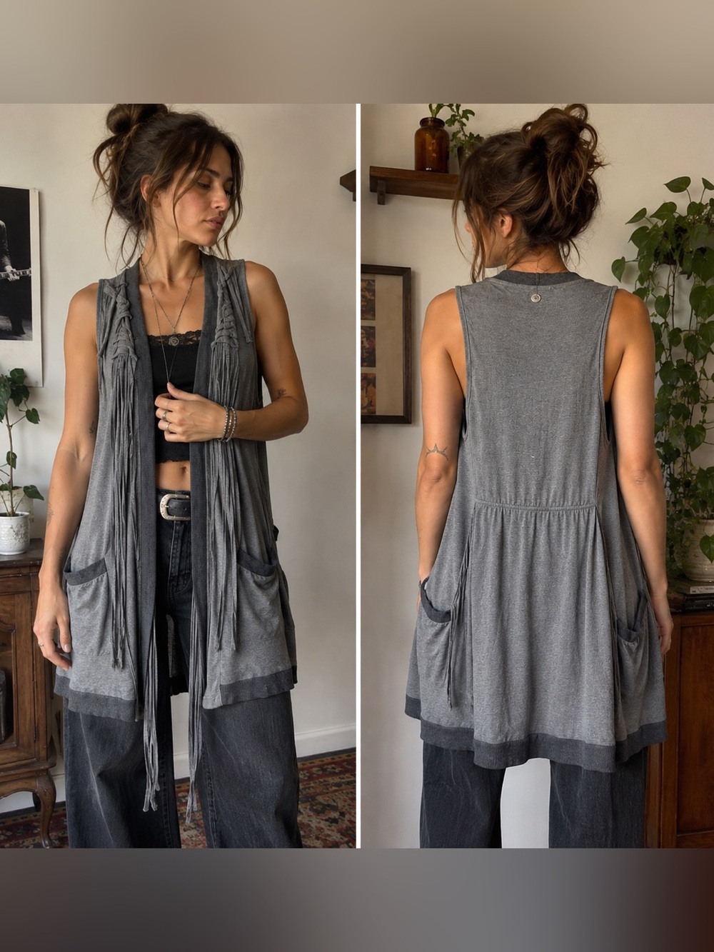 Y2K Three Stones Boho Fringe Duster Vest Gray Floral Lined XS